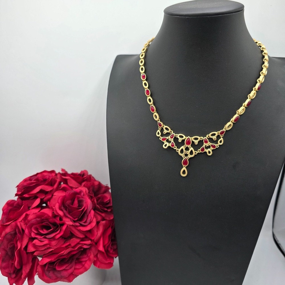 Kiam Family Gold Tone Red Gem Statement Necklace Choker Adjustable Length Formal